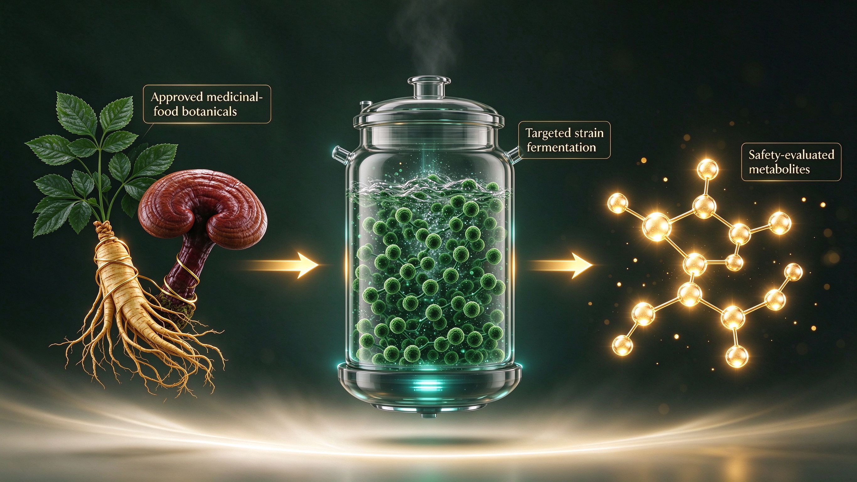 Approved medicinal-food botanicals fermented by targeted strains into safety-evaluated metabolites